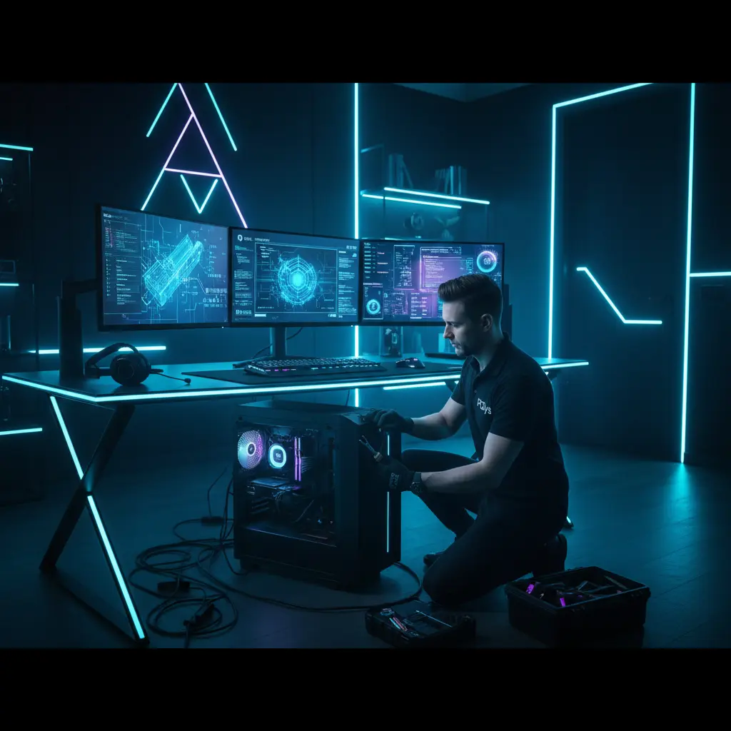 Técnico de PCSys realizando soporte técnico y diagnóstico de computadora de escritorio en home office cyberpunk con neon azul, monitores con software de diagnóstico y ambiente profesional moderno
