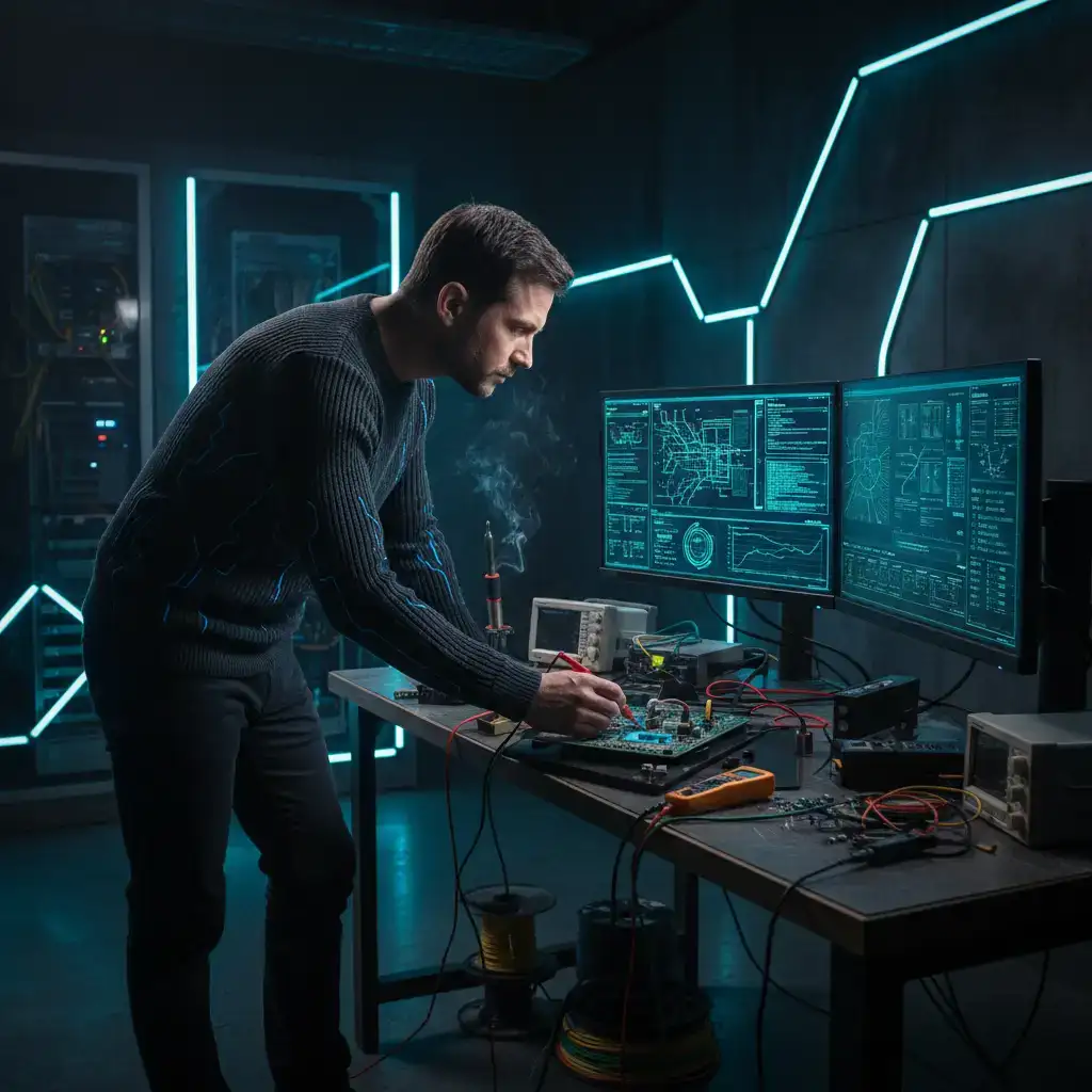 Ingeniero de sistemas inspeccionar hardware y diagnosticando redes en estación de trabajo cyberpunk con múltiples monitores, herramientas de medición y equipamiento técnico profesional