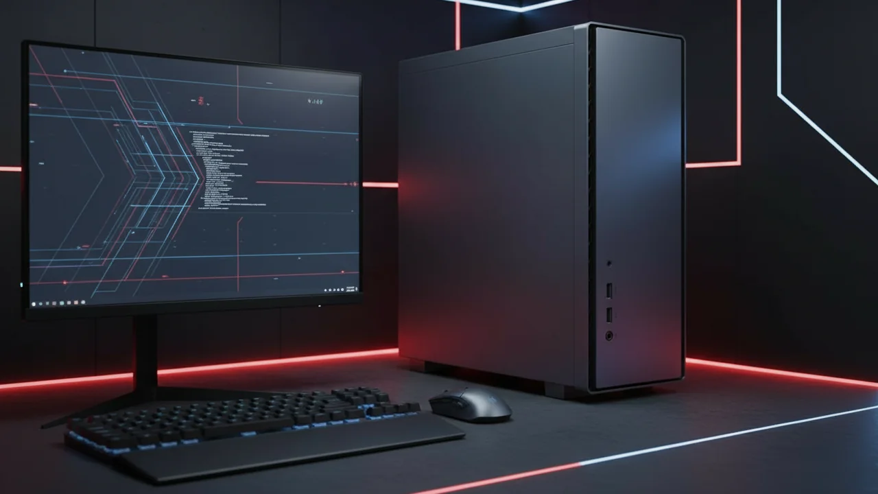 PC gamer de PCSys en estética cyberpunk, con chasis negro transparente, iluminación LED cian y componentes internos visibles, sobre fondo de ciudad futurista con neones.