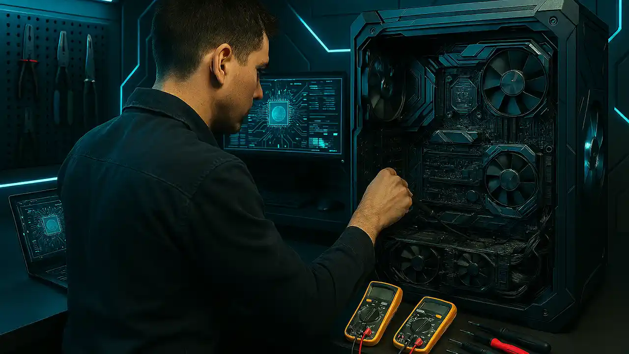 Técnico PCSys diagnosticando y reparando PC gaming con case RGB y múltiples multímetros en taller profesional Bogotá