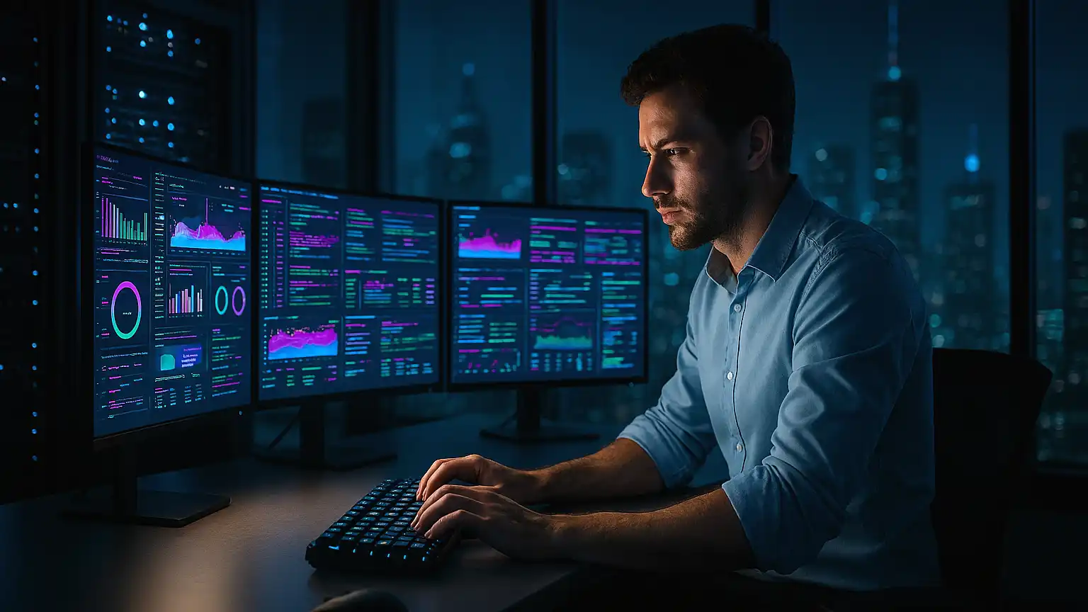 Ingeniero de soporte técnico empresarial trabajando en estación dual-monitor con código en tiempo real y servidores cyberpunk.